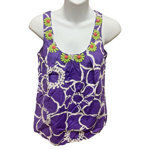 Boden Shirt Womens Size 2 Sleeveless Purple Floral Blouse Tank Top Casual Beaded